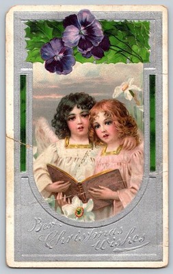 Vintage Embossed Christmas Postcard Two Angels with Book & Flowers