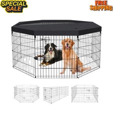 NEW Dog Playpen 8 Panel Foldable Metal Pet Fence 30in with Top Cover Black
