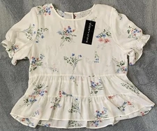 Paper Crane Women’s L Floral Sheer Blouse Flared Bottom Button Back NWT