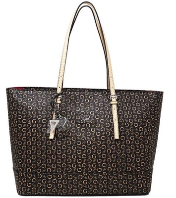 GUESS Women's Decimals Logo Print Large Shopper Travel Tote Bag Handbag Natural