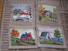 VTG 4 pcs set Small complete needlepoint canvas picture cottage house BARN