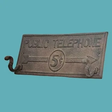 Public Telephone Cast Iron Wall Plaque Rack 2 Hooks Rustic Towel Robe Sign