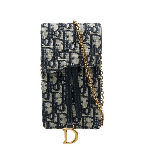 Dior Oblique Chain Shoulder Bag Phone Holder Beige Navy Canvas Leather Ladies Di