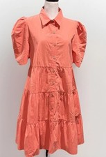 Ces Femme Women’s Coral Tierd Ruffle Puff Sleeve Button Blouson Shirt Dress Med