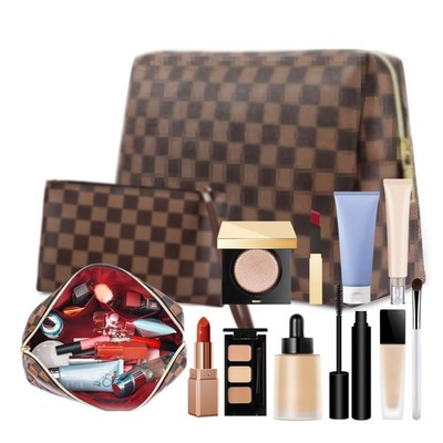 Stylish Brown Checkered Waterproof PU Leather (Faux) Makeup Bag Set Travel Ready