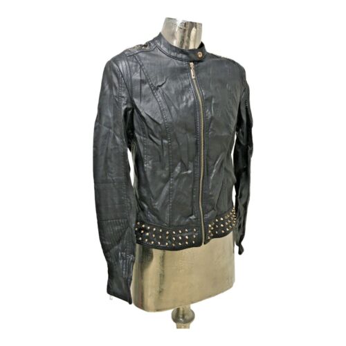 GLAMOUR Womens Black Faux leather Biker Jacket Coat Size Medium 12 EU 40 Vintage - Picture 1 of 10