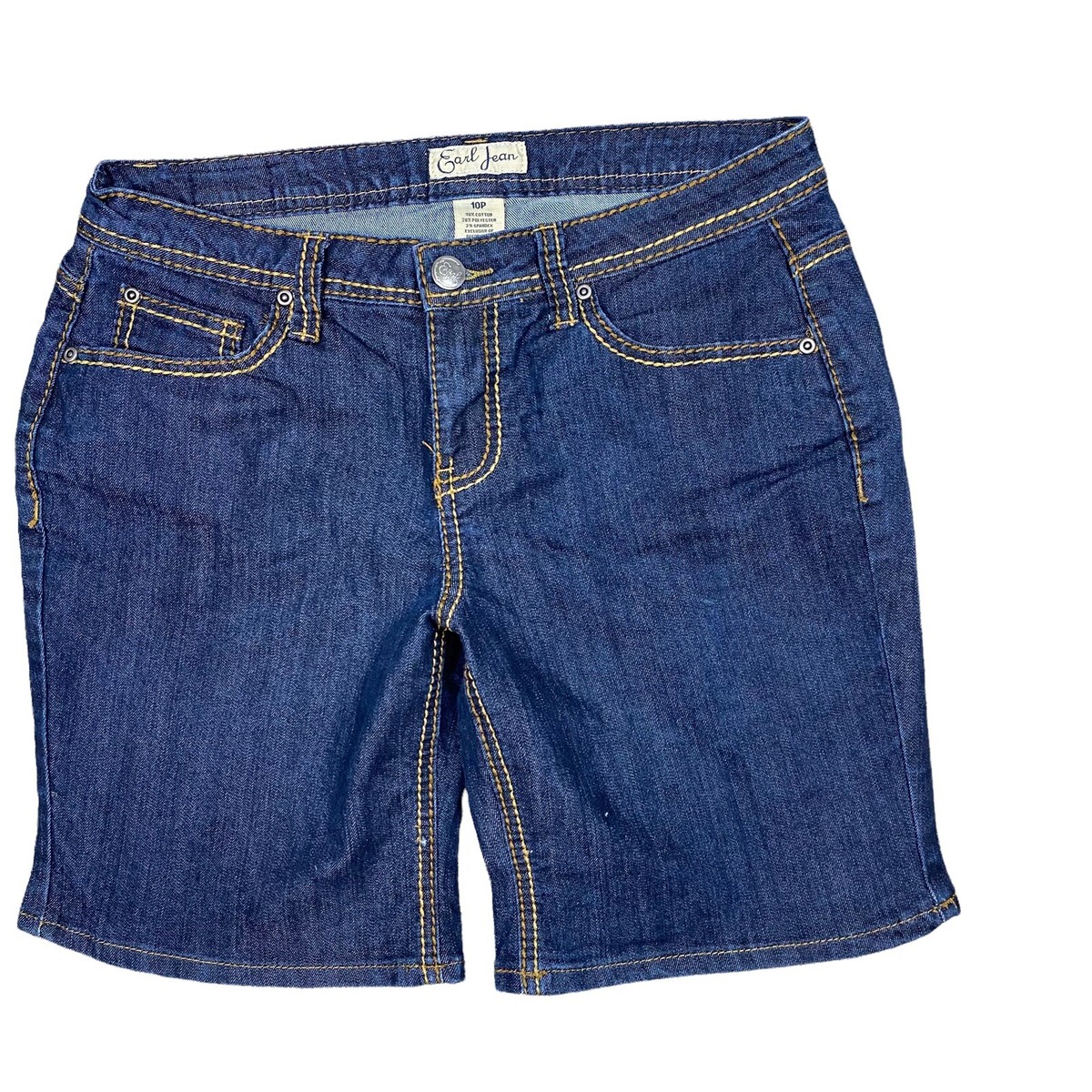 Earl Jean 10P Denim Blue Jean Shorts Thick Stitch Flap Pockets Stretch Dark  Wash
