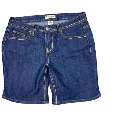 Earl Jean 10P Denim Blue Jean Shorts Thick Stitch Flap Pockets Stretch Dark  Wash