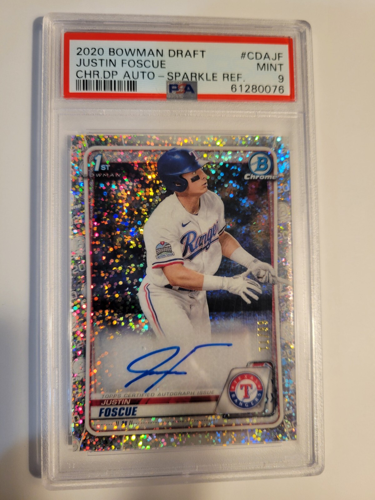 Justin Foscue 2020 Bowman Draft Chrome RC Sparkle Refractor Auto #/71 PSA 9