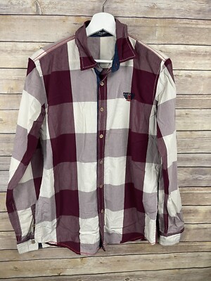 Fredd Marshall Large Button Up Shirt Long Sleeve Plaid Burgundy White Collared