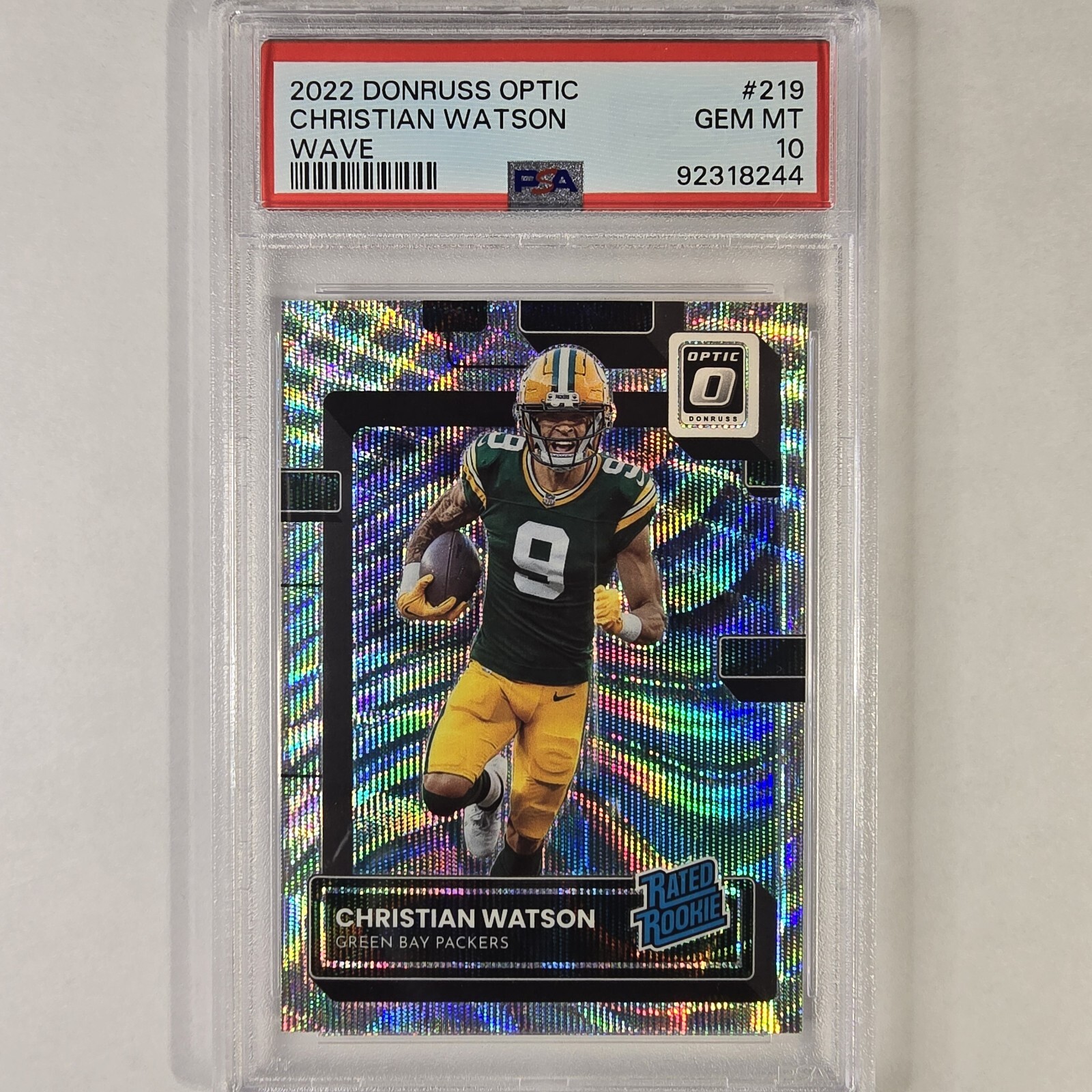 2022 PANINI DONRUSS OPTIC CHRISTIAN WATSON 219 WAVE /300 RC - GEM MT PSA 10