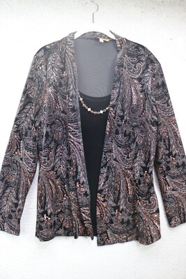 Notations Black w/Gold Designs Embroidered Top-Attached Necklace-Velvet-1X