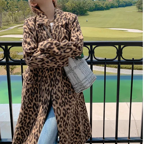 New Spring Women's Wool Coat with Leopard Print Loose Long Sleeved Fashion - Picture 13 of 24