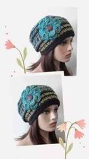 crochet handmade womans flower hat beanie fools gold blue puffs new