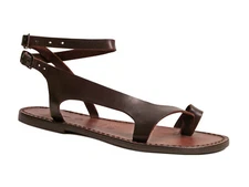 Handmade brown genuine leather womens flat sandals Made in Italy