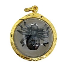 Black Spider Charm Wealth Attract Thai Amulet Pendant Gold Plated Frame