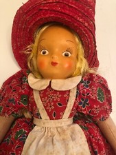 Vintage German Jointed Cloth DOLL Celluloid Face Cotton Dress Straw Hat 16.5  