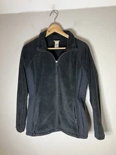 LL Bean Women's Medium Fleece Jacket All Black Full Zip Up Pockets Drawstrings