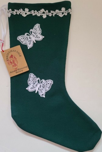 90s Christmas stocking green lace butterfly Historical Society Handmade Vtg NWT