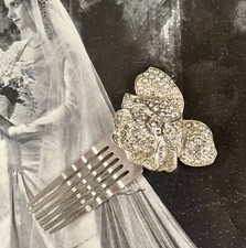 Vintage 1930s Deco Pave' Rhinestone Rose Hair Clip, Comb, Dress Clip, Bridal