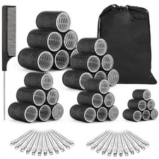 56 PCS SelfGrip Hair Roller Set Clips 55/45/40/30/22mm Styling Bangs Black
