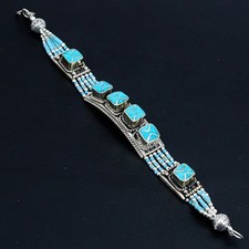 Turquoise Bohemian Handmade 925 Sterling Silver Tibetan Nepali Bracelet 7" W540