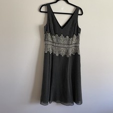 Adrianna Papell 10 Black Tan Polka Dot Paisley Silk Sleeveless Midi A-Line Dress