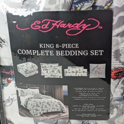 Ed Hardy King Dragon Tattoo Skull Gray White Comforter Set Shams, Pillow, Sheets