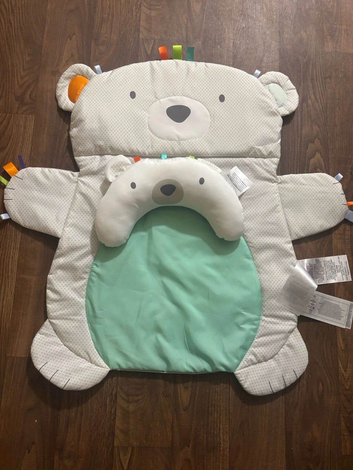 Bear-Shaped Baby Activity Playmat with Pillow, Green White Animal Theme