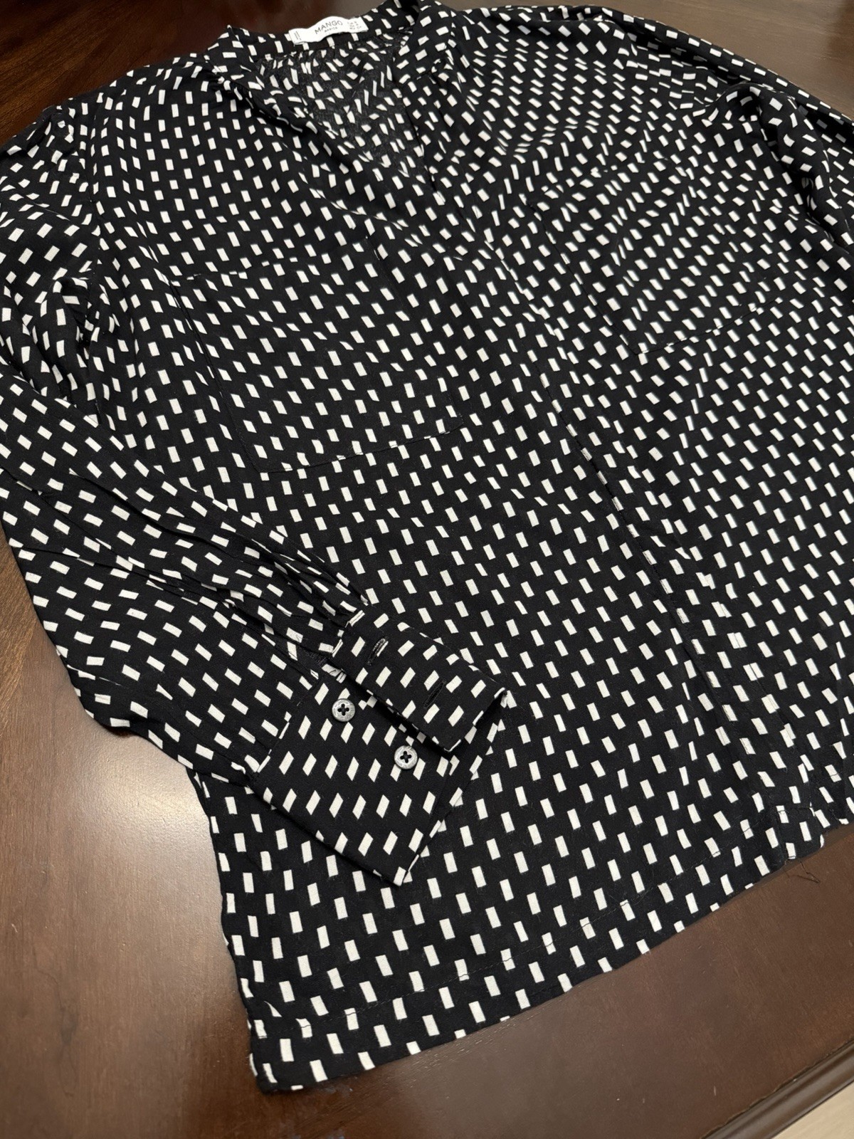 MANGO Geometric Black White Split Neck Button Lon… - image 3