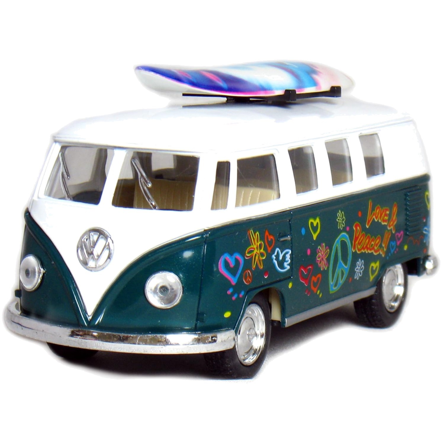 Classic 1962 VW Bus 1:32 Die Cast Toy Van with Flower Power