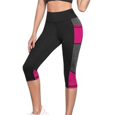 Colorblock Knee Length Leggings with Side Pocket in Black/Pink, Size L