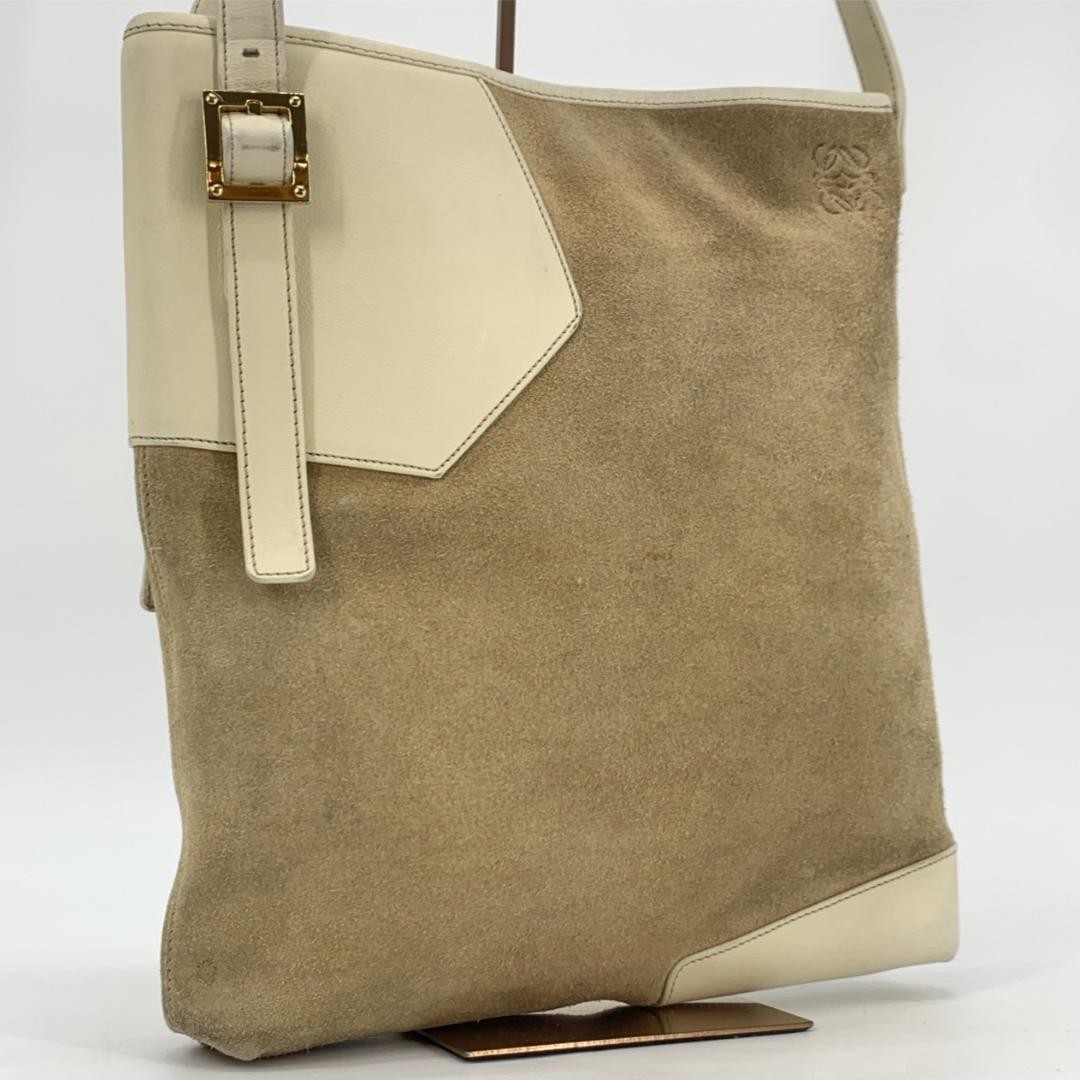 LOEWE One Shoulder Bag Purse Anagram Suede Leather Beige Off White Brown Auth thumbnail 20