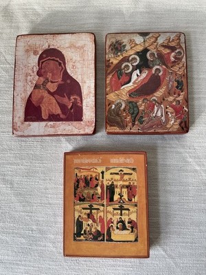 Set of Three Russian Orthodox Icon Plaques Wood Icons Passion of Christ Saviour