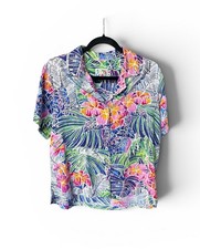 Jams World Womens Floral Colorful Button Front Hawaiian Short Sleeve Medium
