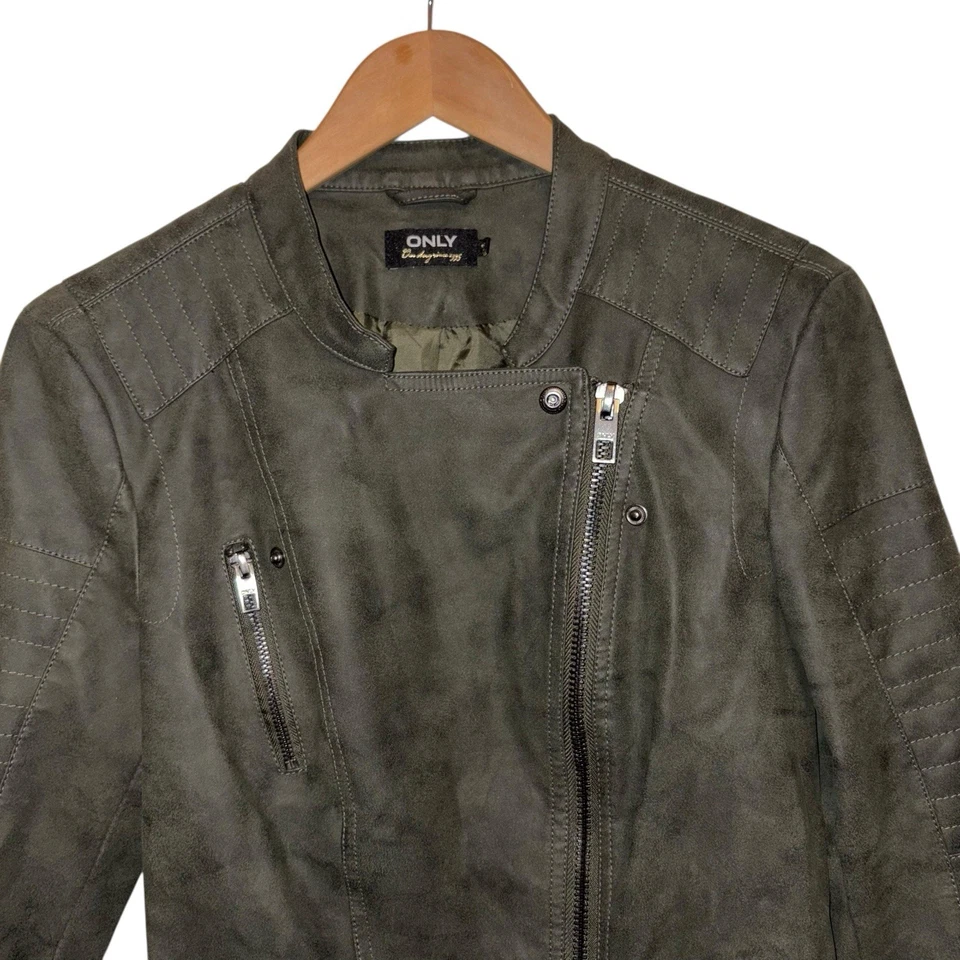 SOLO Chaqueta de Motociclista de Gamuza Sintética para Mujer EU 38 Gris Verde Oliva Cremallera Estilo Moto Foto 2 de 4