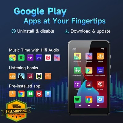 PECSU MP3 Player Android 14, 4'' Touchscreen, Spotify, Play Store