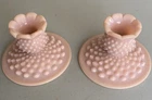 Fenton Rose Pastel (Pink) Hobnail Pattern Milk Glass Candle Holders Vintage Pair