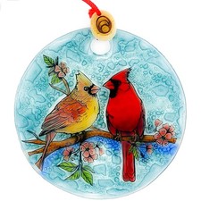 - Cardinal Couple Ornament, Handmade Fused Glass Suncatcher, 3-Inch Hanging D...
