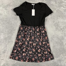 OFEEFAN Mini Dress Womens L Black Pink Floral Stretch Short Sleeve Square Neck