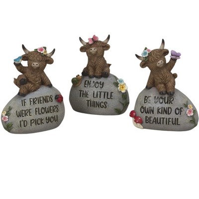 Highland Cow Sitting on Inspirational Stone Set