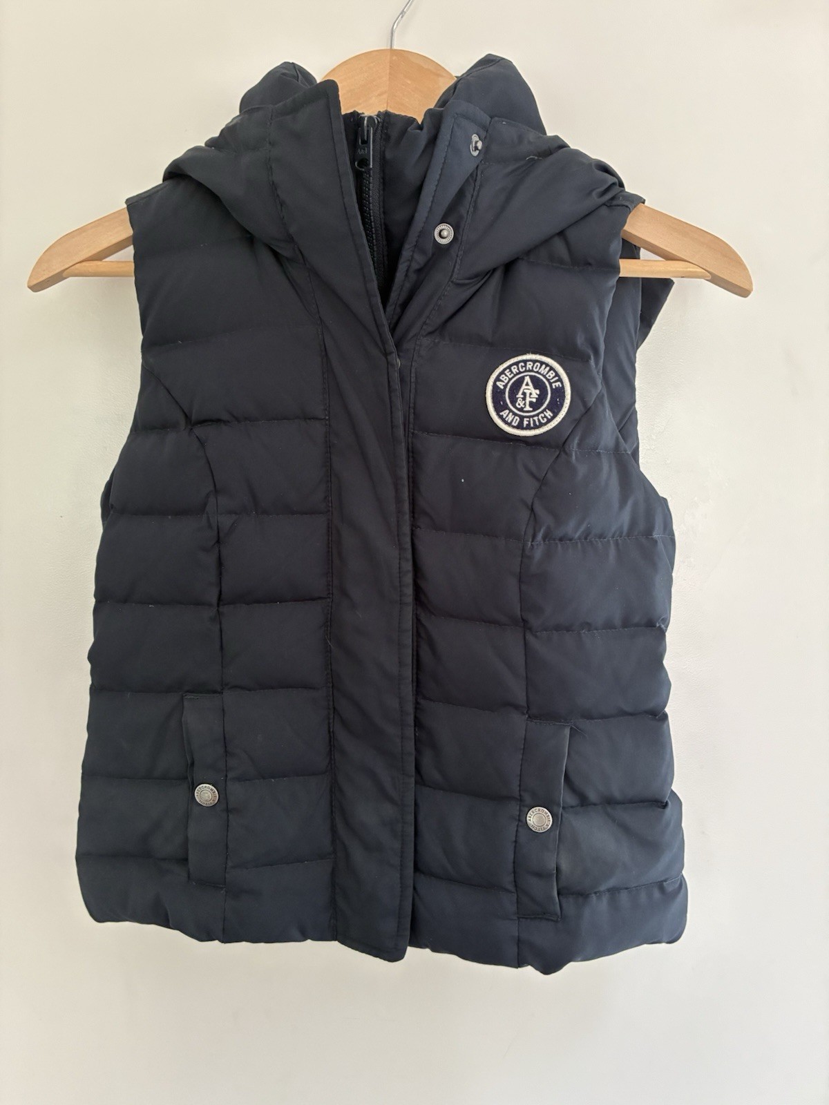 Abercrombie & Fitch Women's Solid Blue Zip-Up Button Hooded Puffer Vest Navy XS