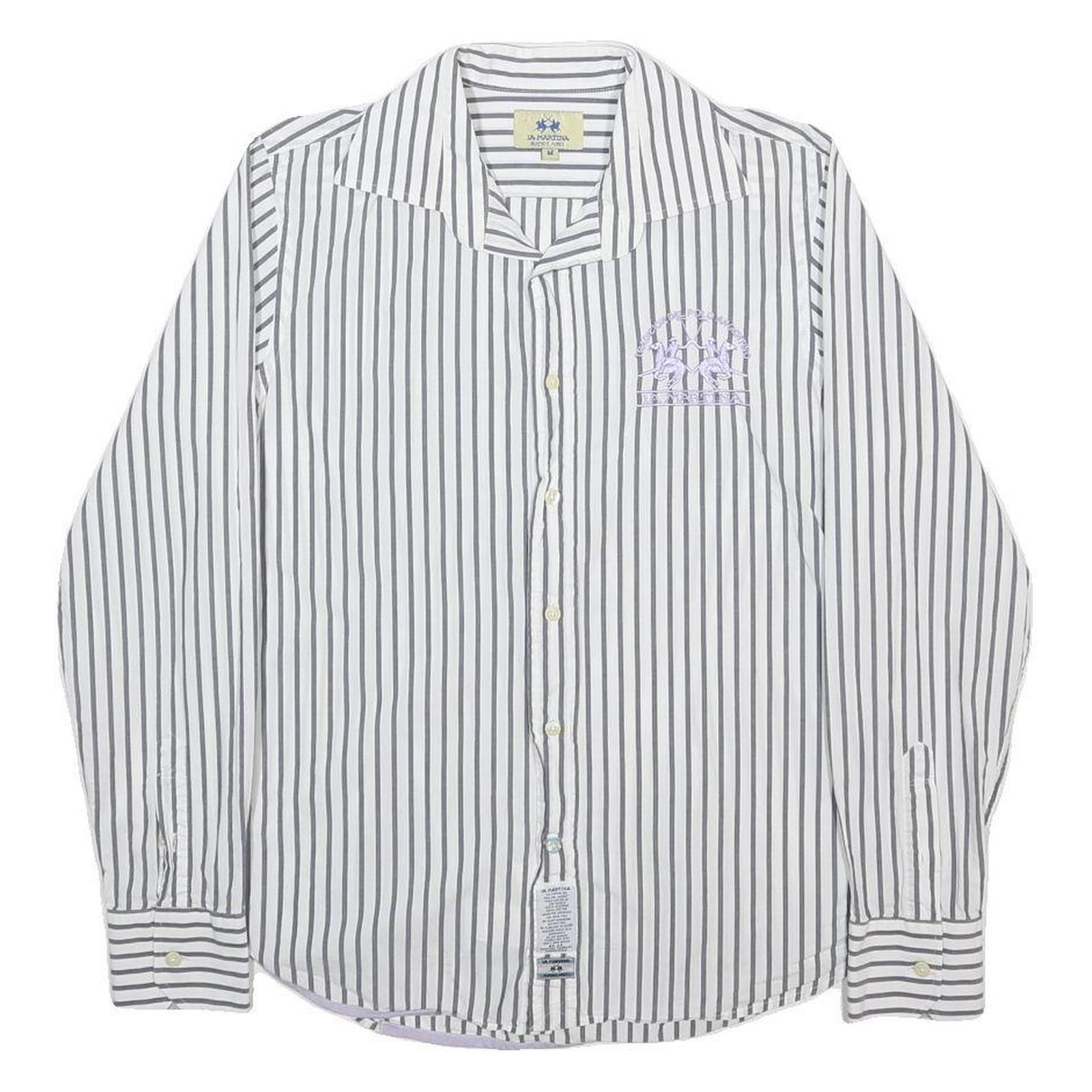 LA MARTINA Womens White & Grey Stripe Shirt M Button Cotton Casual