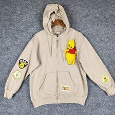 Disney Winnie the Pooh Jacket Zip Up Hoodie Sand Tan Chenille Patch Large