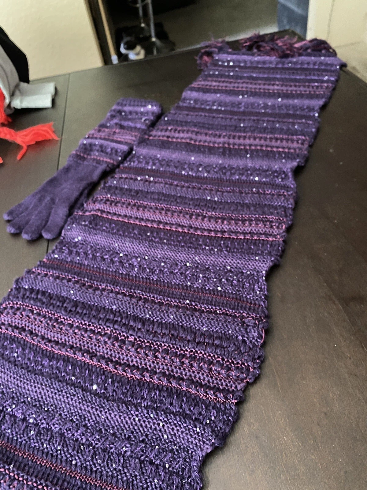 LAUREN Ralph Lauren VINTAGE gloves And Scarf winter women’s long sparkly PURPLE
