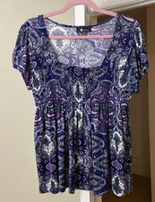 AB Studio Top Artsy Purple Paisley Floral Smocked Bohemian Women's Small