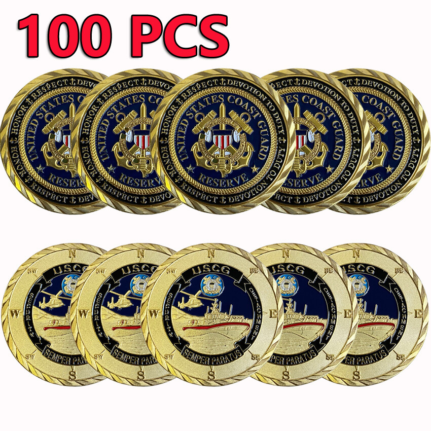 100 PCS Emblem Challenge Coin US Coast Guard Military Commemorative Gold Plated