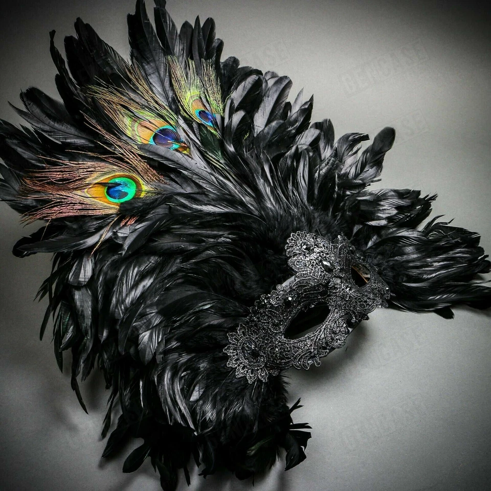 Black Luxury Venetian Carnival Halloween Masquerade Costume Venice Feather Mask - Изображение 3 из 4