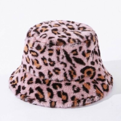 SOFT FAUX FUR FLUFFY LADIES BUCKET HAT PINK LEOPARD