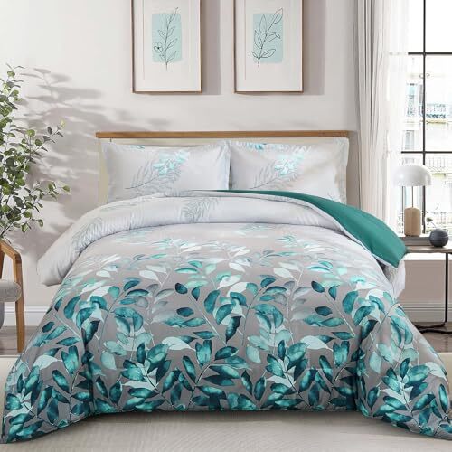 Grey Comforter Set Queen, 3 Piece Blue Botanical Leaves Comforters with 2